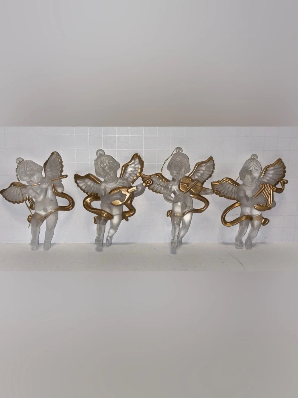 4 Vintage Christmas Ornaments Angels W/ Musical Instruments Cherubs Acrylic